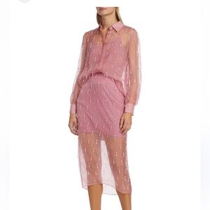 cinq a sept Pink Sheer Embellished Shirt Dress